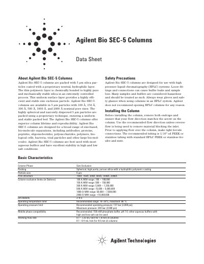 Agilent Bio SEC-5 Columns Datasheet - cover page