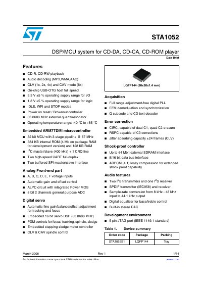 STMicroelectronics STA1052 DSP/MCU System Data Brief - cover page