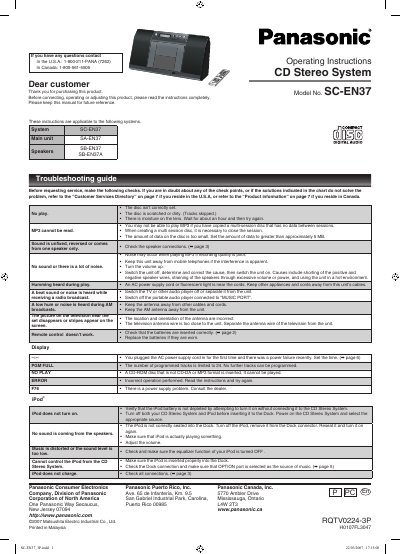 Panasonic SC-EN37 CD Stereo System Operating Instructions - cover page