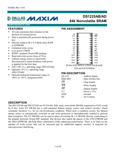 Maxim DS1225AB/AD 64k Nonvolatile SRAM Datasheet - cover page