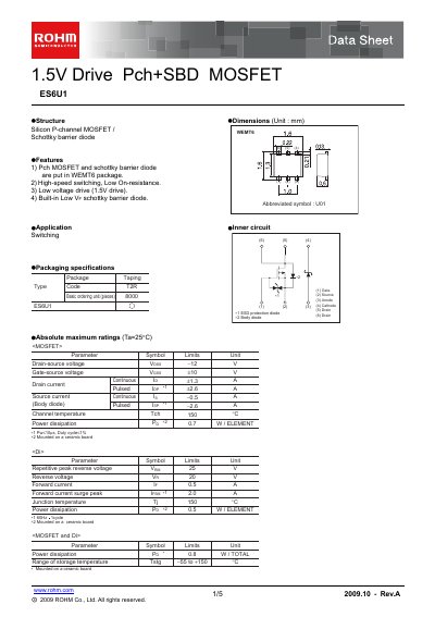 ROHM ES6U1 P‑Channel MOSFET with Schottky Diode Data Sheet - cover page