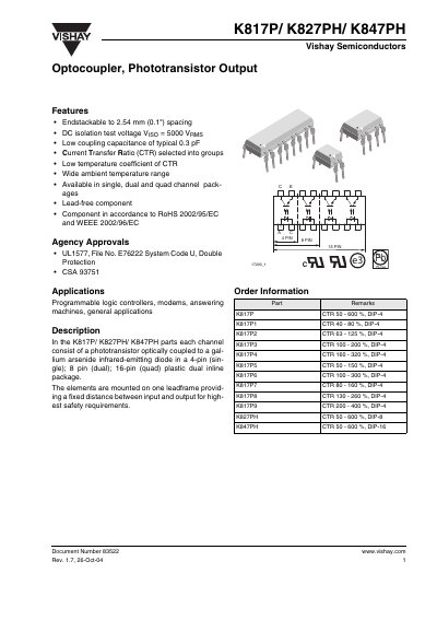 Vishay K817P/K827PH/K847PH Optocoupler Datasheet - cover page