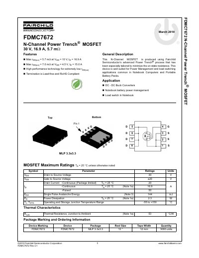 Fairchild FDMC7672 N-Channel Power Trench MOSFET Datasheet