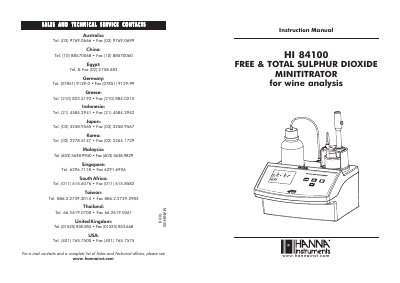 Hanna Instruments HI 84100 Free & Total Sulphur Dioxide Minititrator Instruction Manual - cover page