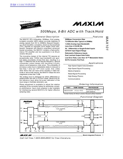 MAXIM MAX101 500Msps 8-Bit ADC with Track/Hold Datasheet - cover page