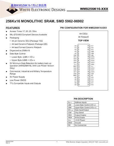 White Electronic Designs WMS256K16-XXX SRAM Datasheet - cover page