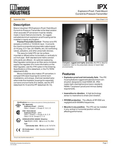 Moore Industries IPX Current-to-Pressure Transmitter Datasheet - cover page
