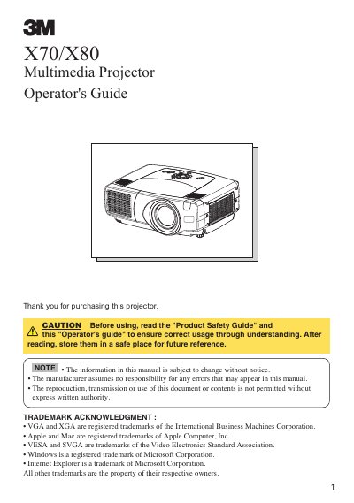 3M X70/X80 Multimedia Projector Operator's Guide