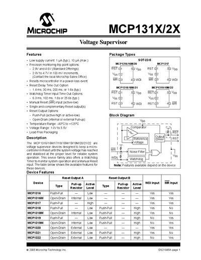 Microchip MCP131X/2X Voltage Supervisor Datasheet