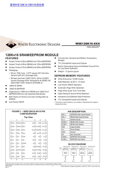 White Electronic Designs WSE128K16-XXX 128Kx16 SRAM/EEPROM Module Datasheet - cover page
