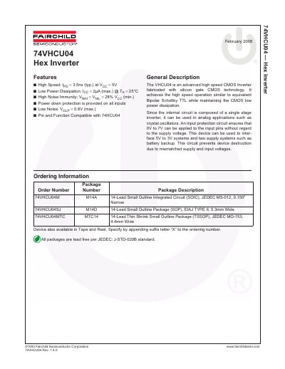 Fairchild 74VHCU04 Hex Inverter Datasheet