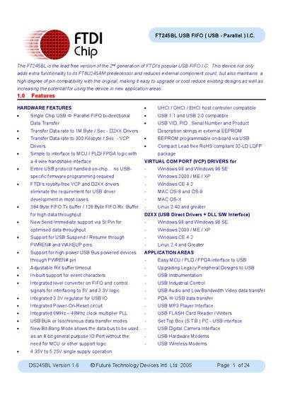 FTDI FT245BL USB FIFO IC Handbook - cover page