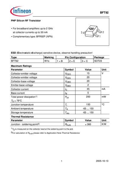 Infineon BFT92 PNP RF Transistor Datasheet - cover page