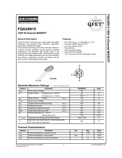 Fairchild Semiconductor FQA28N15 150V N-Channel MOSFET Datasheet