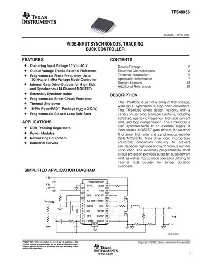 Texas Instruments TPS40056 Wide-Input Synchronous Buck Controller Datasheet - cover page