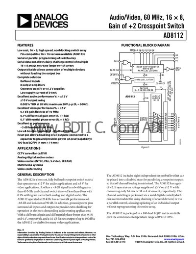 Analog Devices AD8112 Crosspoint Switch Datasheet - cover page