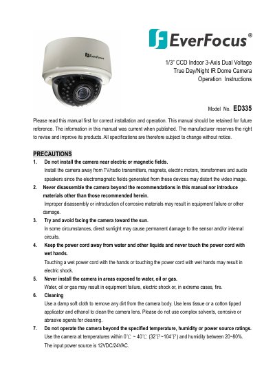 EverFocus ED335 1/3" CCD Indoor 3-Axis Dual Voltage True Day/Night IR Dome Camera Operation Instructions - cover page