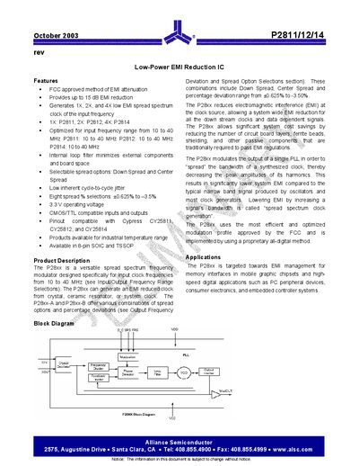 Alliance Semiconductor P2811/12/14 Data Sheet1 - cover page