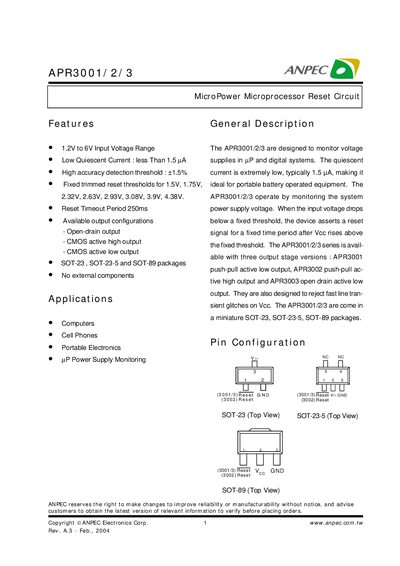 ANPEC APR3001/2/3 MicroPower Reset Circuit Datasheet - cover page