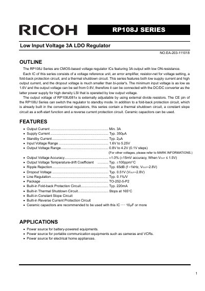 Ricoh RP108J Series Low Input Voltage 3A LDO Regulator Datasheet