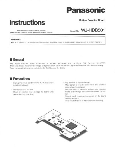 Panasonic WJ-HDB501 Motion Detector Board Instructions - cover page