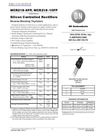 ON Semiconductor MCR218-6FP, MCR218-10FP Isolated Thyristors Datasheet - cover page