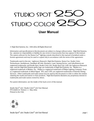 High End Systems Studio Spot 250 / Studio Color 250 User Manual - cover page