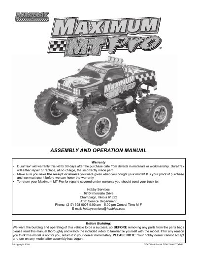 DuraTrax Maximum MT Pro Assembly and Operation Manual - cover page