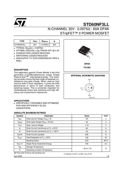 STMicroelectronics STD60NF3LL Power MOSFET Datasheet - cover page
