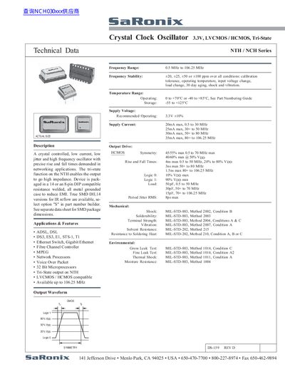 SaRonix NTH/NCH Series Crystal Clock Oscillator Datasheet - cover page