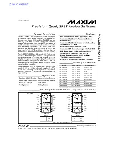 Maxim MAX364/MAX365 Precision Quad SPST Analog Switches Datasheet - cover page