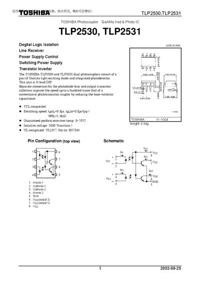 Toshiba TLP2530/TLP2531 Photocoupler Datasheet - cover page