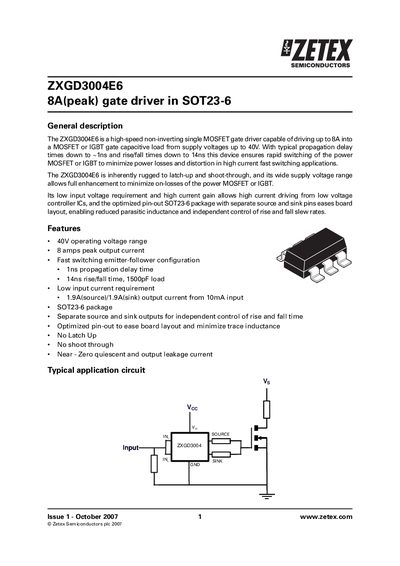 Zetex ZXGD3004E6 Gate Driver Datasheet - cover page