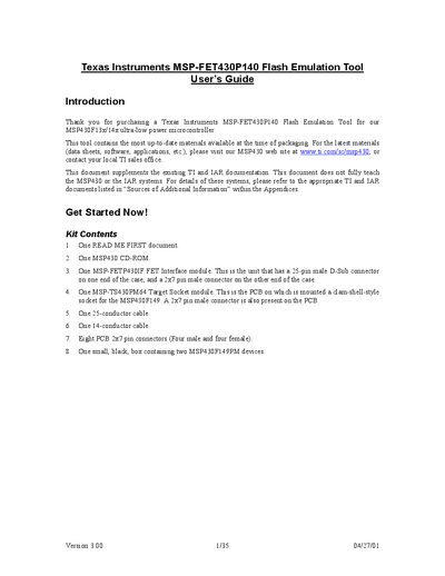Texas Instruments MSP-FET430P140 Flash Emulation Tool User Guide - cover page