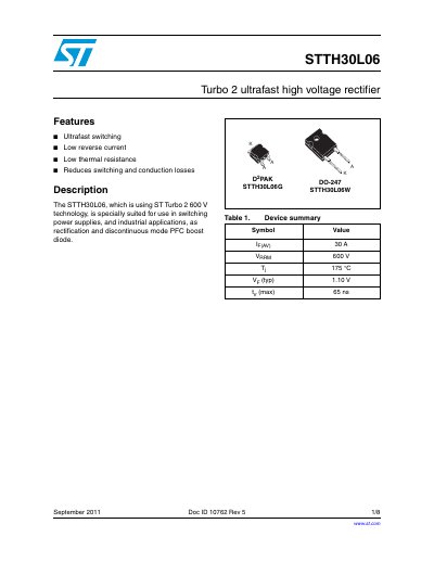 STMicroelectronics STTH30L06 Ultrafast High Voltage Rectifier Datasheet