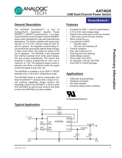 Analogic AAT4626 USB Dual-Channel Power Switch Datasheet - cover page