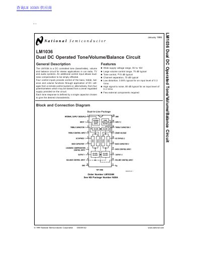 National Semiconductor LM1036 Dual DC Operated Tone/Volume/Balance Circuit Datasheet - cover page