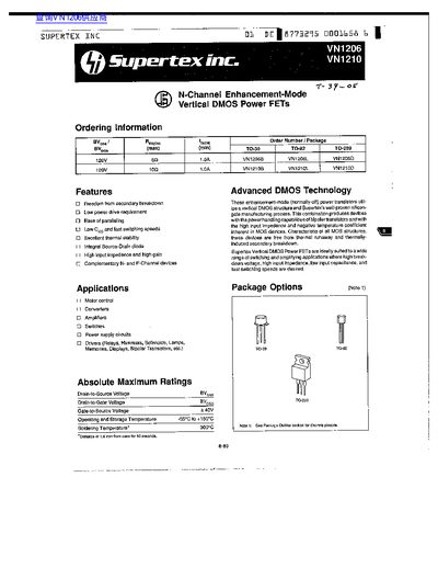 Supertex VN1206/VN1210 Power FET Datasheet - cover page