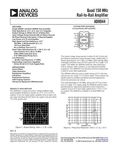 Analog Devices AD8044 Quad Amplifier Datasheet - cover page