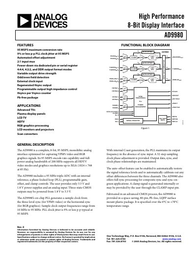 Analog Devices AD9980 High Performance 8‑Bit Display Interface Datasheet - cover page