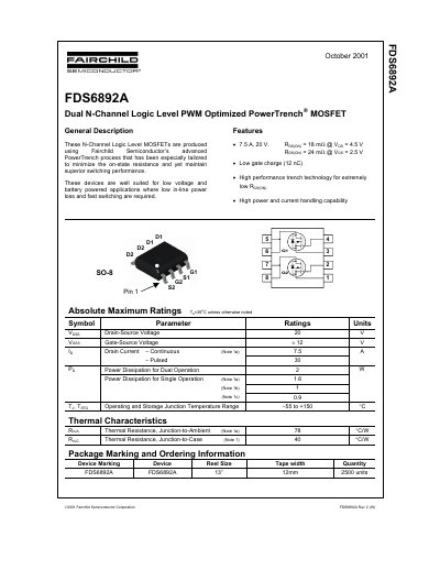 Fairchild Semiconductor FDS6892A Dual N-Channel MOSFET Datasheet