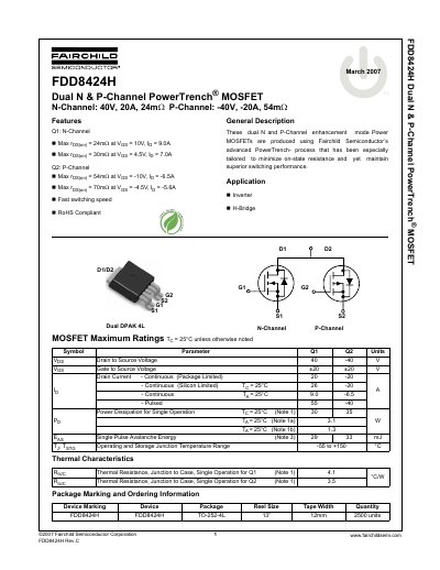 Fairchild Semiconductor FDD8424H Dual MOSFET Datasheet