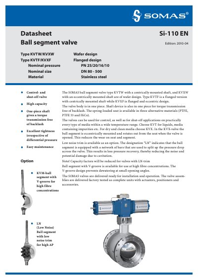 SOMAS KVTW/KVXW KVTF/KVXF Ball Segment Valve Datasheet - cover page