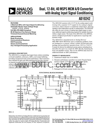 Analog Devices AD10242 Dual 12‑Bit 40 MSPS ADC Datasheet - cover page