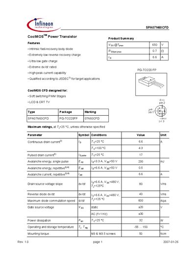 INFINEON - SPA07N60CFD CoolMOSTM Power Transistor Manual - cover page