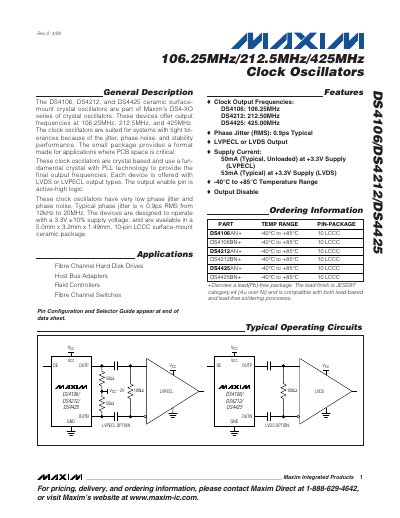 MAXIM DS4106/DS4212/DS4425 106.25MHz/212.5MHz/425MHz Clock Oscillators Manual - cover page