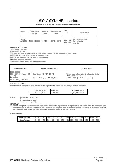 ITELCOND AY-/AYU-HR Series Aluminium Electrolytic Capacitors Datasheet - cover page