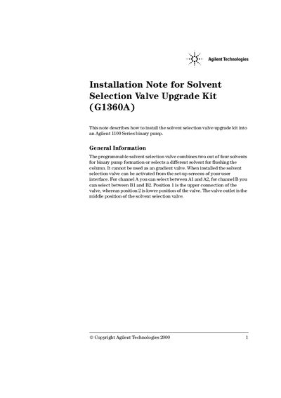 Agilent G1360A Solvent Selection Valve Upgrade Kit Installation Note - cover page