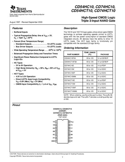 Texas Instruments CD54HC10 CD74HC10 CD54HCT10 CD74HCT10 Datasheet