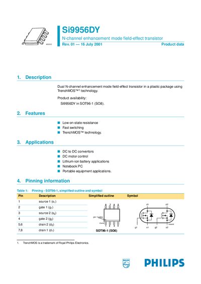 Philips Si9956DY N-channel Enhancement Mode Field-Effect Transistor Datasheet - cover page